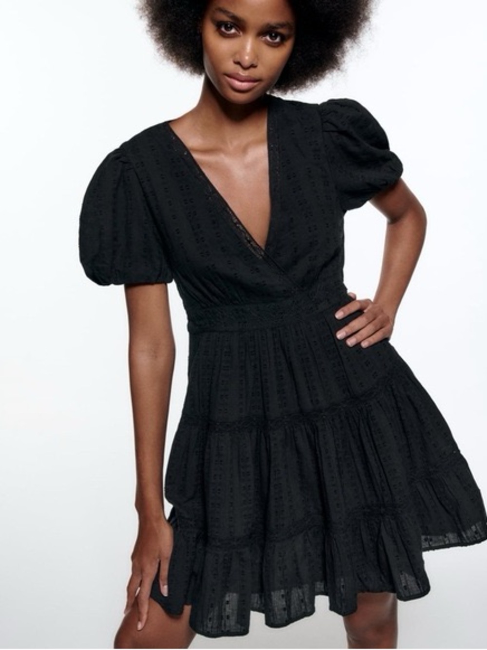 ❤️ Zara Black Lace Insert Ruffle Puff Sleeves Mini Dress